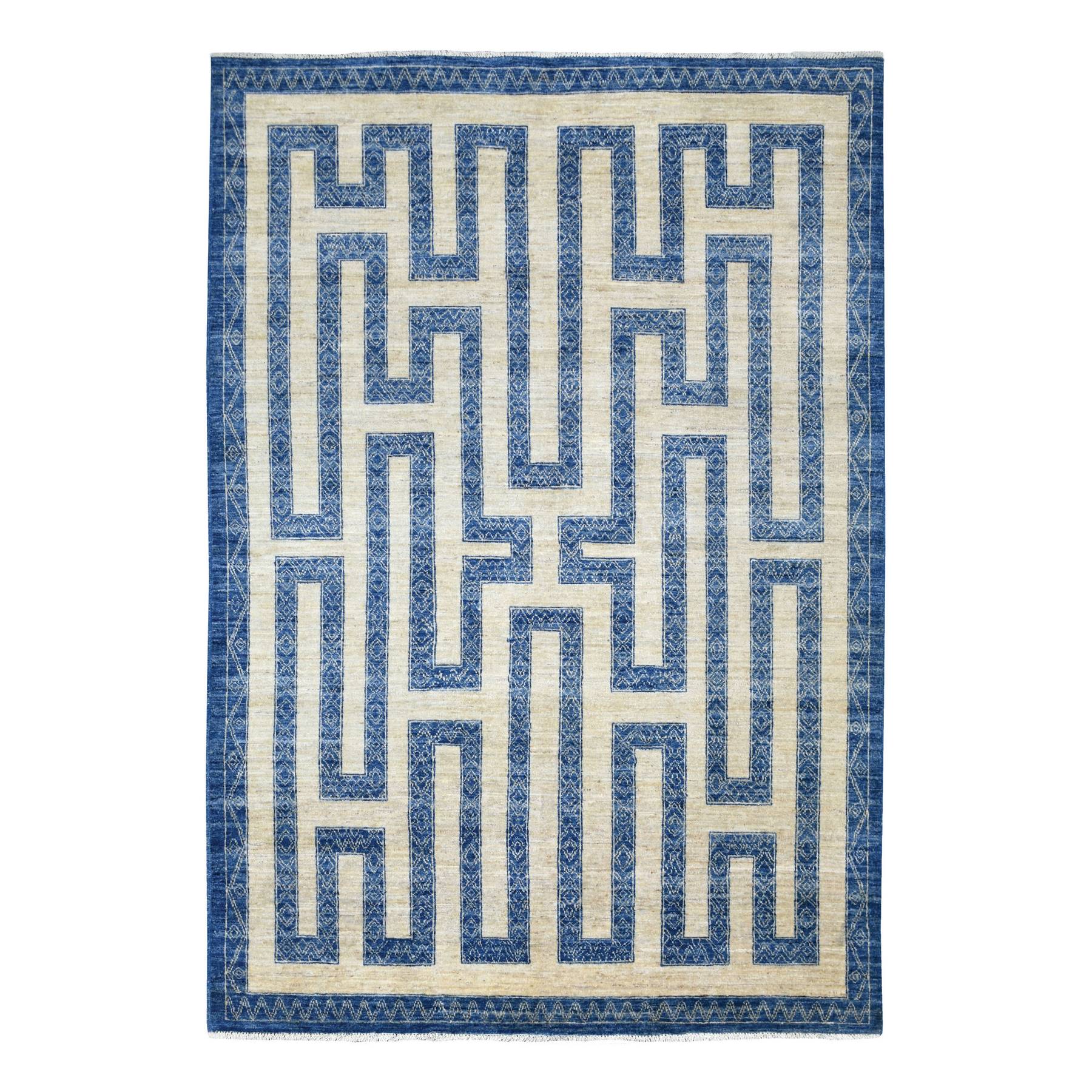 5'10"x8'9" Soft and Pliable Wool Hand Knotted Denim Blue Maze Design with Berber Influence Oriental Rug 